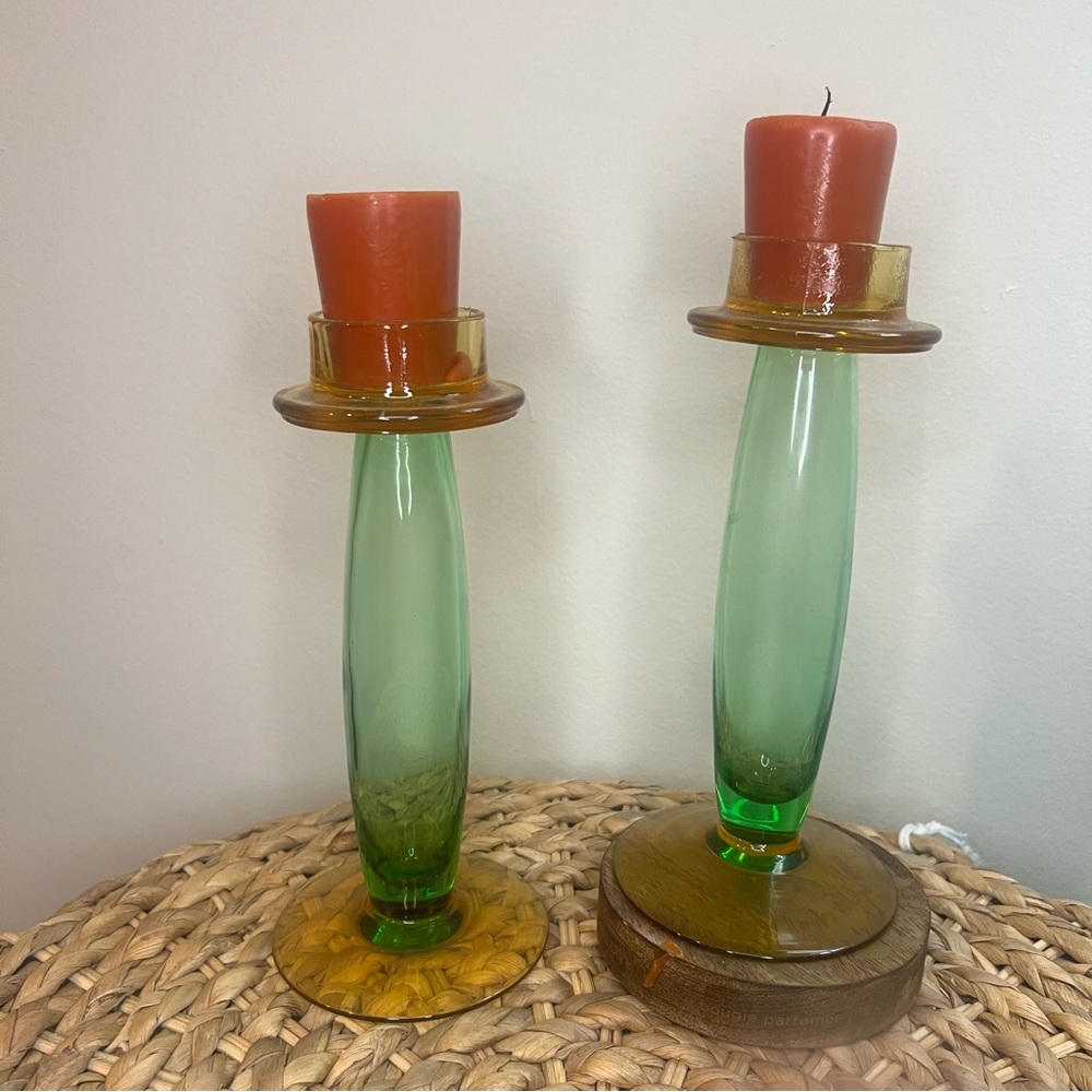 Pair of vintage MCM blown Manganese Glass Green and Amber Candle Holders